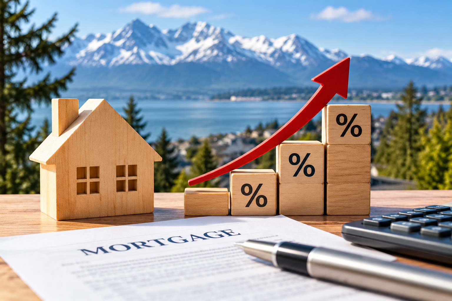 Why do mortgage rates still feel so high? Rising mortgage rates illustrated with a home, interest rate chart, and Alaska mountains.